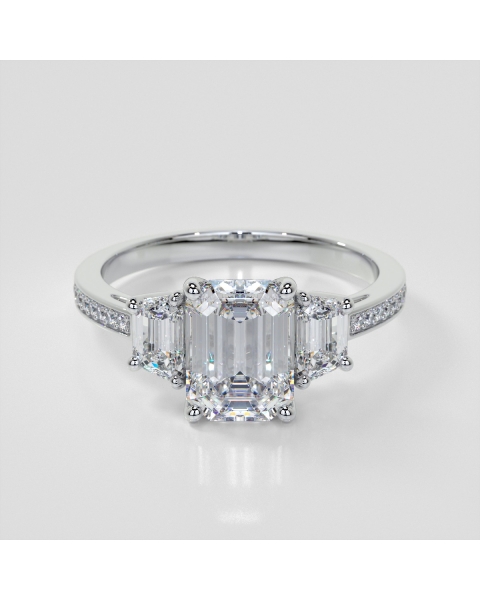 Lab Grown Diamond Emerald Cut Three-Stone Engagement Ring With Trapezoid Accents