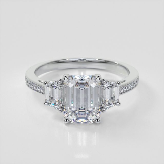 Lab Grown Diamond Emerald Cut Three-Stone Engagement Ring With Trapezoid Accents
