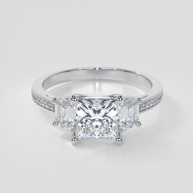 Lab Grown Diamond Princess Cut Three Stone Engagement Ring With Trapezoids